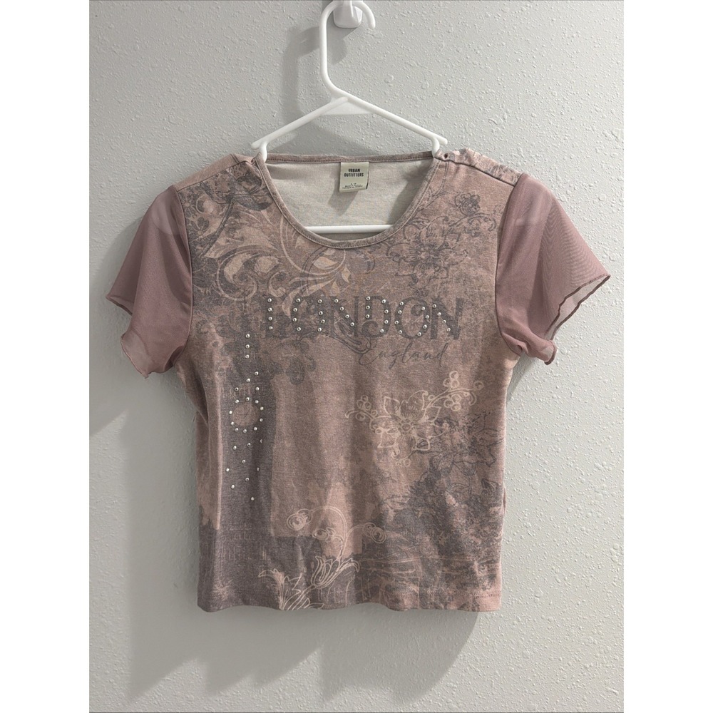 Urban Outfitters- London Renaissance Graphic Mesh Sleeve crop Tee Y2K Large